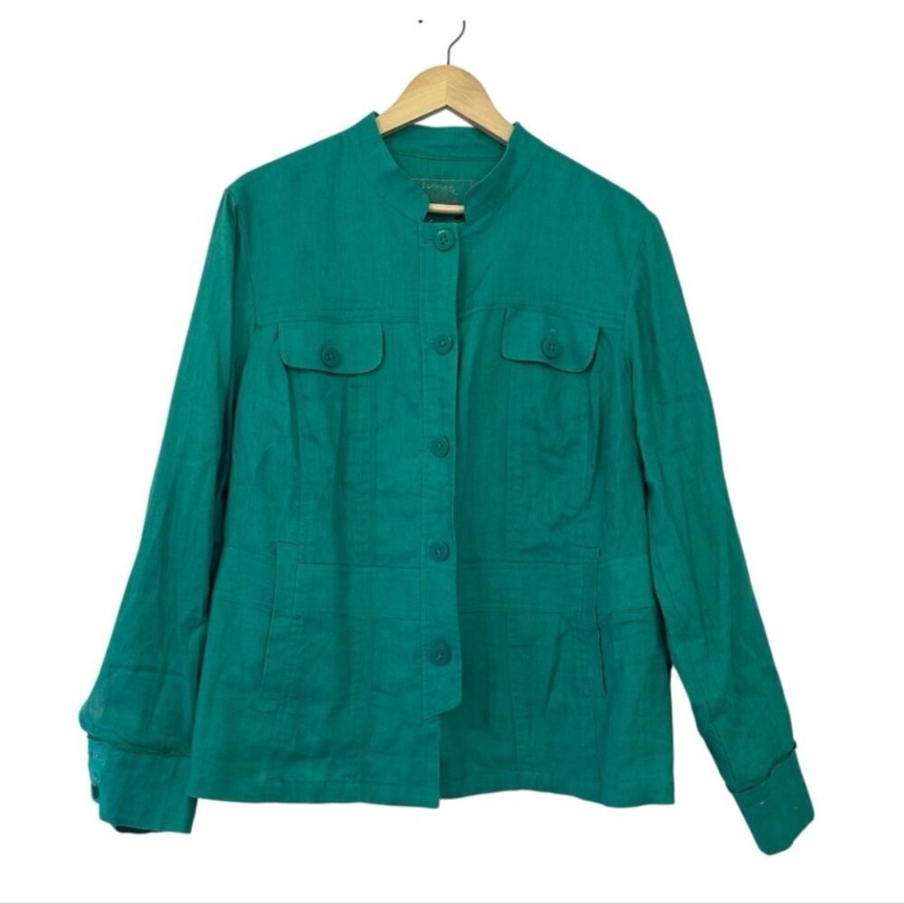 Women's 18 W Teal Green LINEN Layering Light-Weight Button-Up Pocket Jacket Top